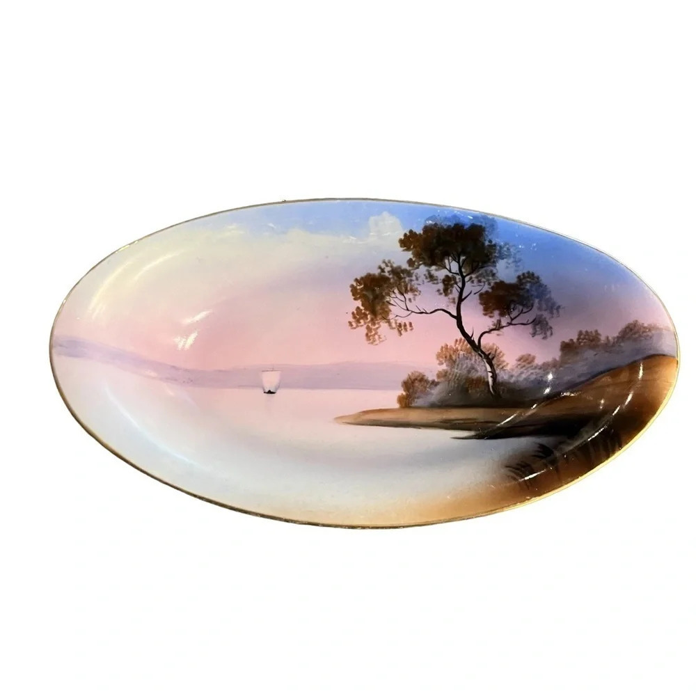 Vintage Antique Noritake Trinket Dish Purple Lake Boat Hand Painted